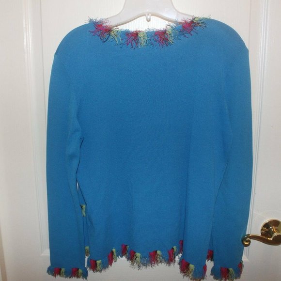 Alfred Dunner aqua red stripe faux sweater set eyelash trim Small EUC - Picture 4 of 5